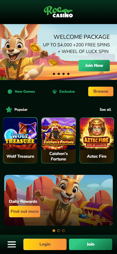 Roo Casino Mobile Homepage