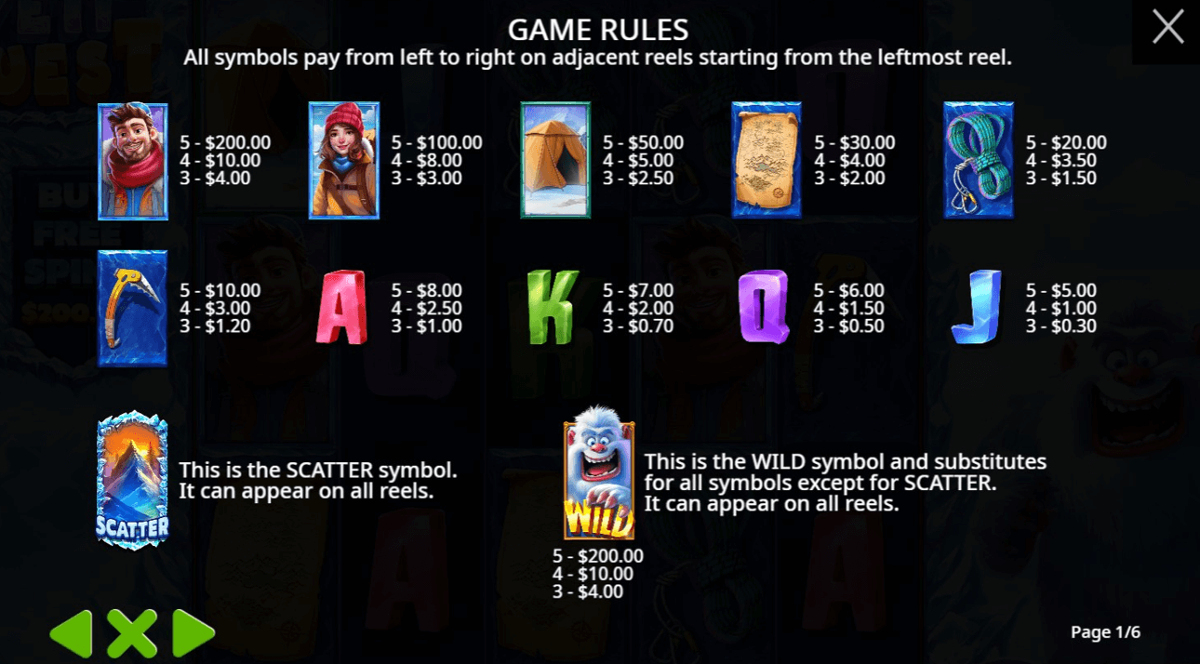 Yeti Quest paytable