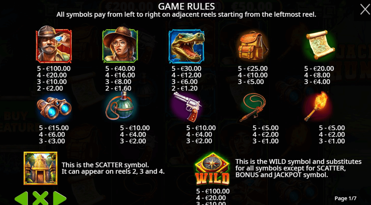 Jackpot Hunter paytable