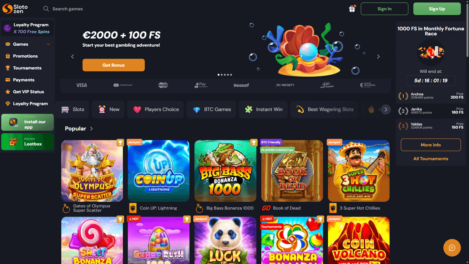 Slotozen Casino Homepage auf dem Desktop