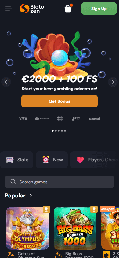 Slotozen Casino Startseite auf dem Smartphone