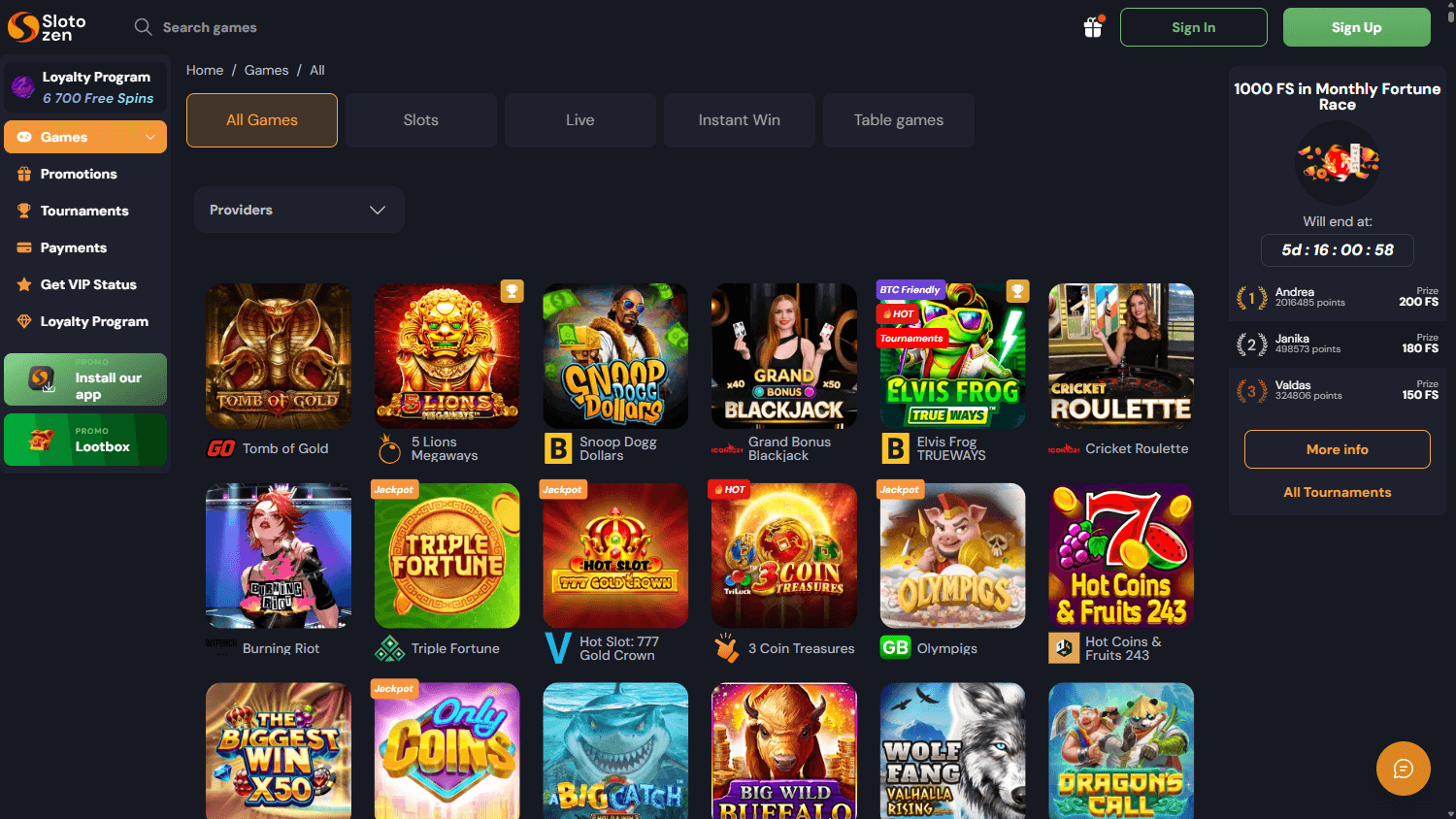 Slotozen Casino Game Gallery Interface