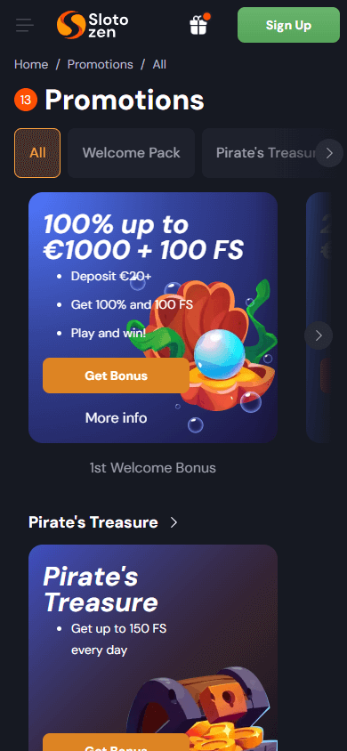 Slotozen mobile promotions interface showcasing bonus offers