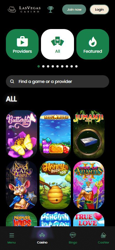 Interface des jeux Vegaz casino sur mobile