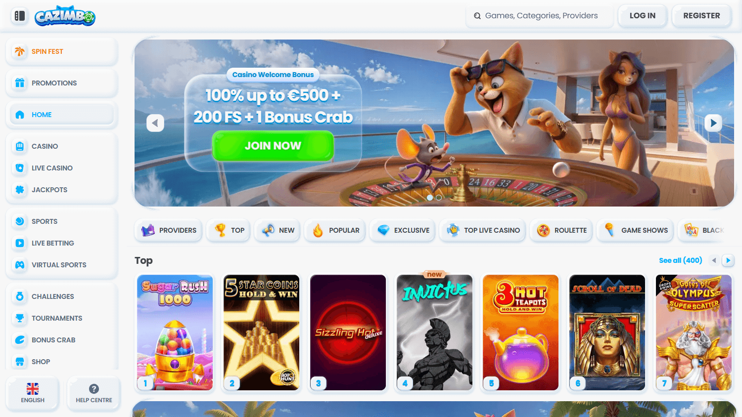 Schermata principale del sito Cazimbo Casino su desktop