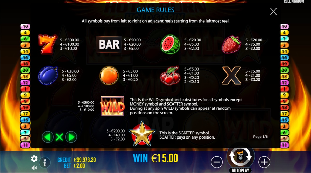 Hot to Burn: Hold & Spin - paytable