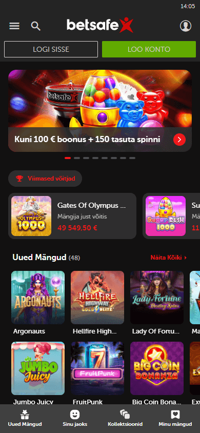 Interfejs aplikacji mobilnej Betsafe Casino pokazujący galerię gier