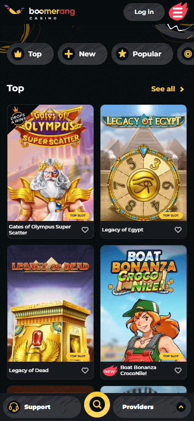 Spieleauswahl auf dem mobilen Gerät im Boomerang Bet Casino