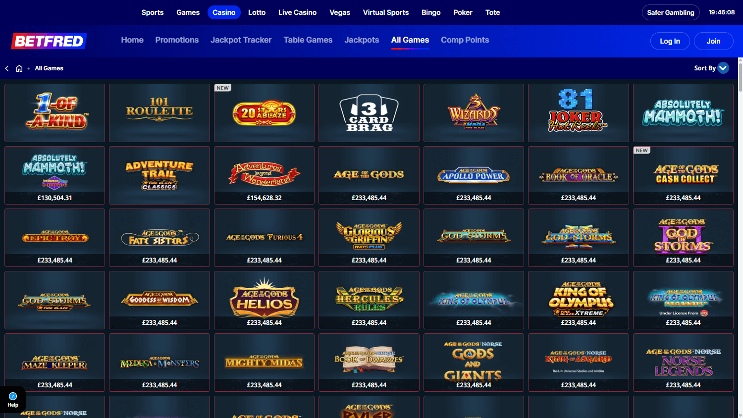 Betfred casino lobby website screenshot
