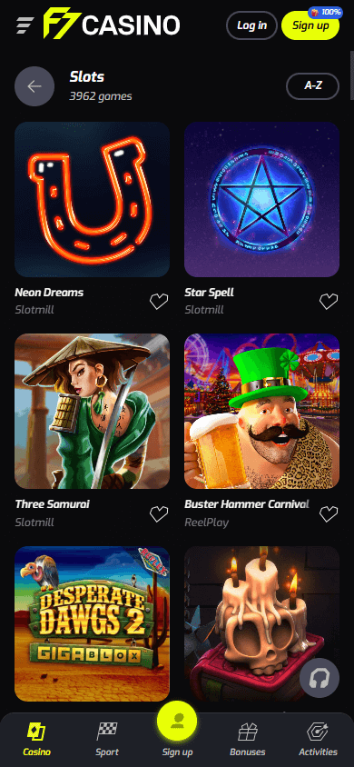 F7 Casino Mobile Game Gallery Interface