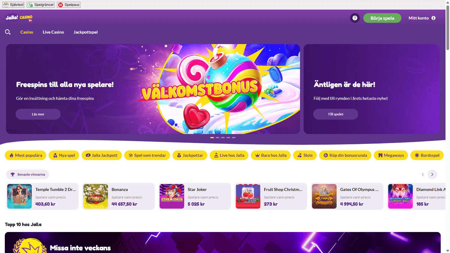 Jalla Casino mängukogu vaade