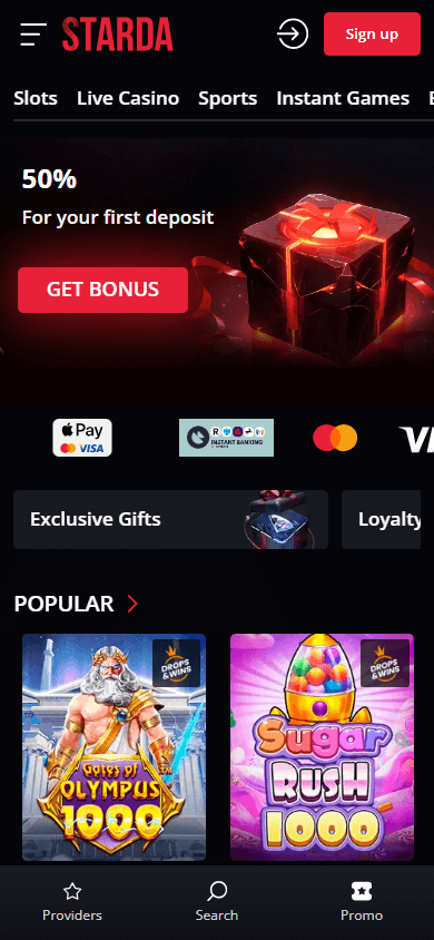 Starda Casino Mobile Homepage