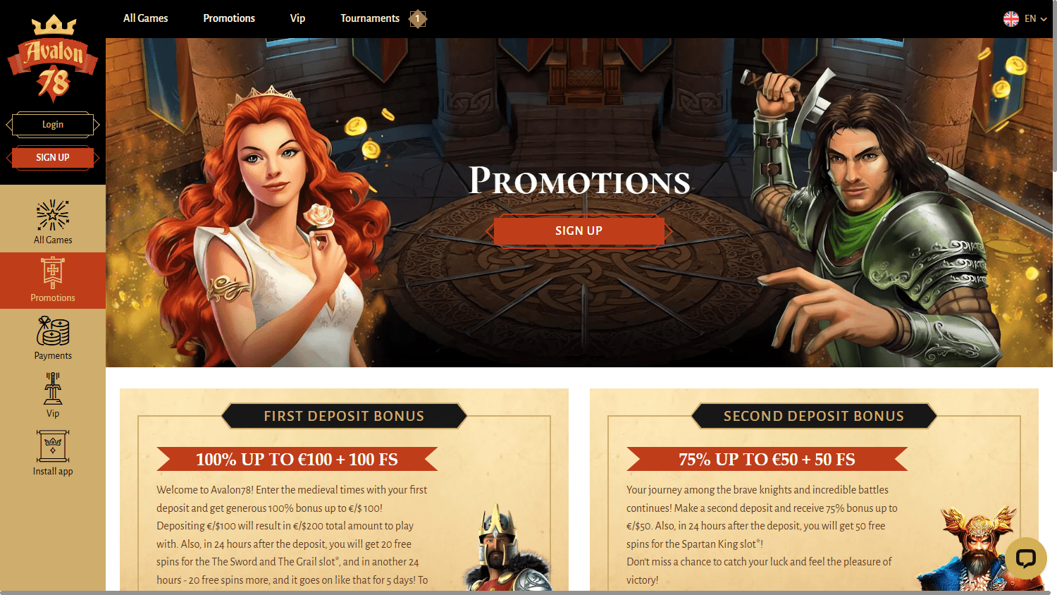 Avalon78 casino promoties op desktop
