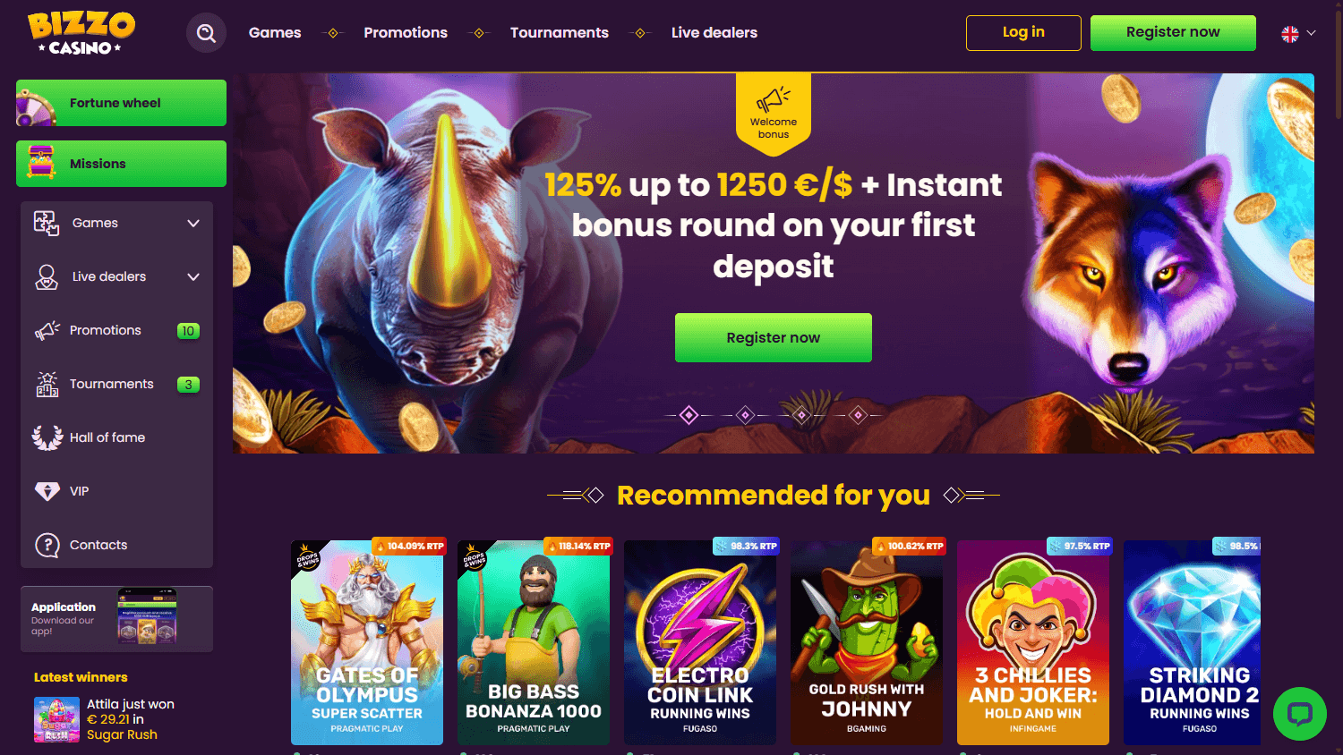 Bizzo Casino Homepage