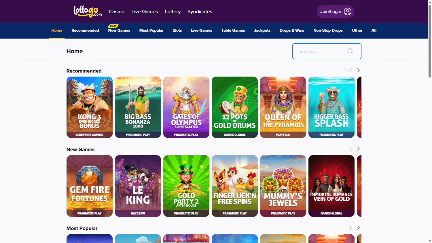LottoGo casino lobby website screenshot
