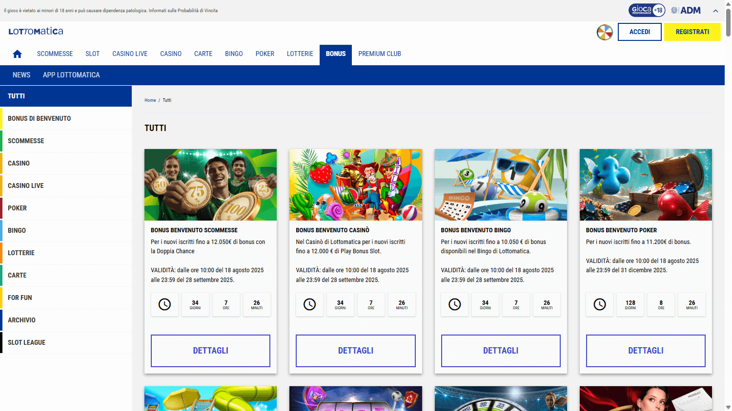 Interfaccia delle promozioni di Lottomatica Casino