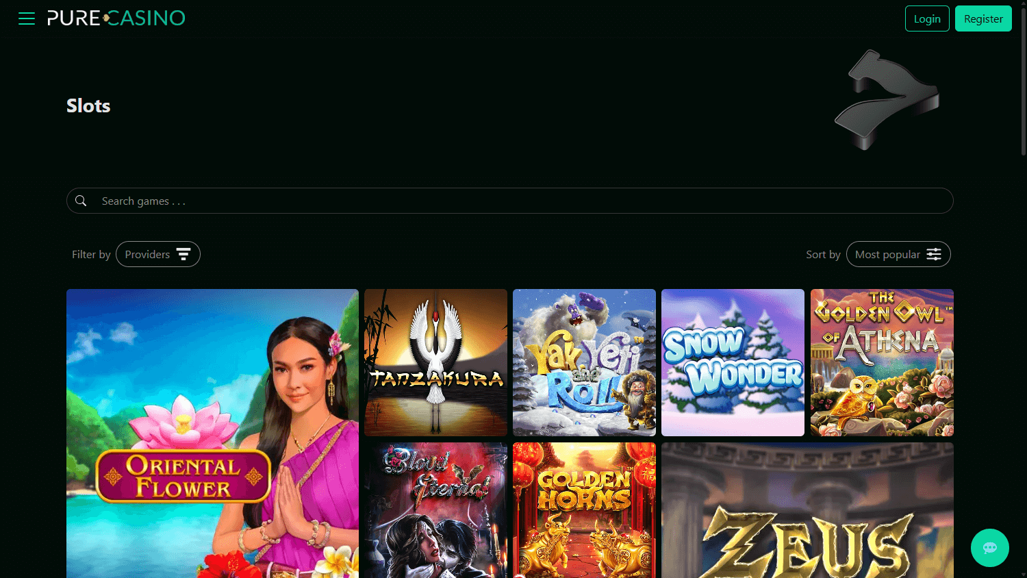 Screenshot of Pure Casino game lobby on desktop showing various slot and table game titles