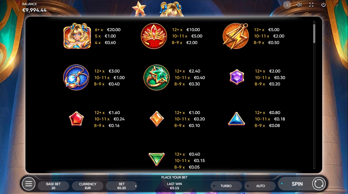 Starshine Crystals full paytable