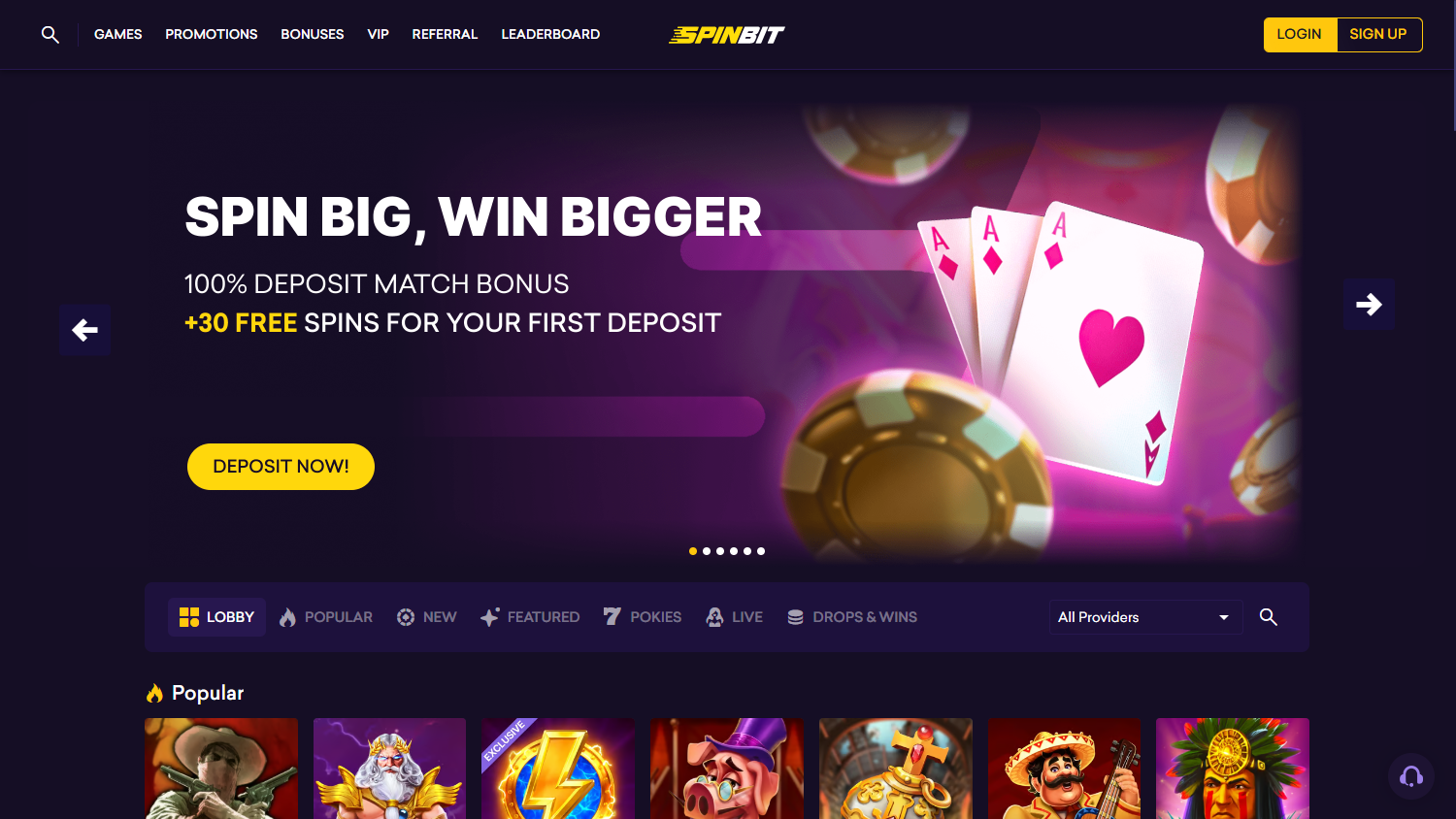 Spinbit Casino homepage showcasing bonus offers and game interface