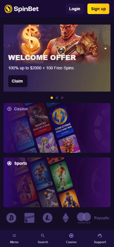 Spinbet Casino Homepage Mobile