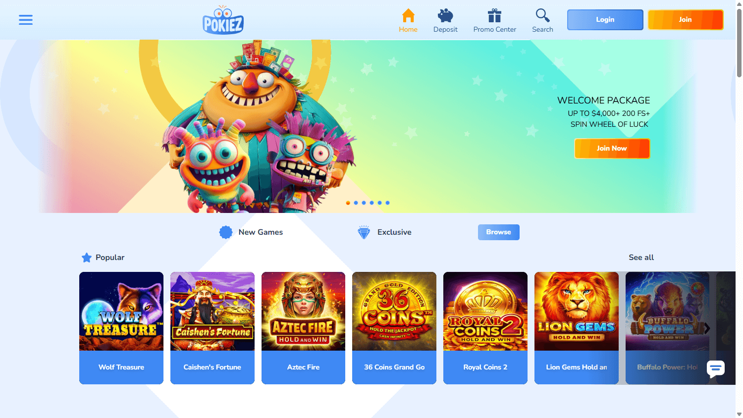 Pokiez_Casino_homepage_desktop