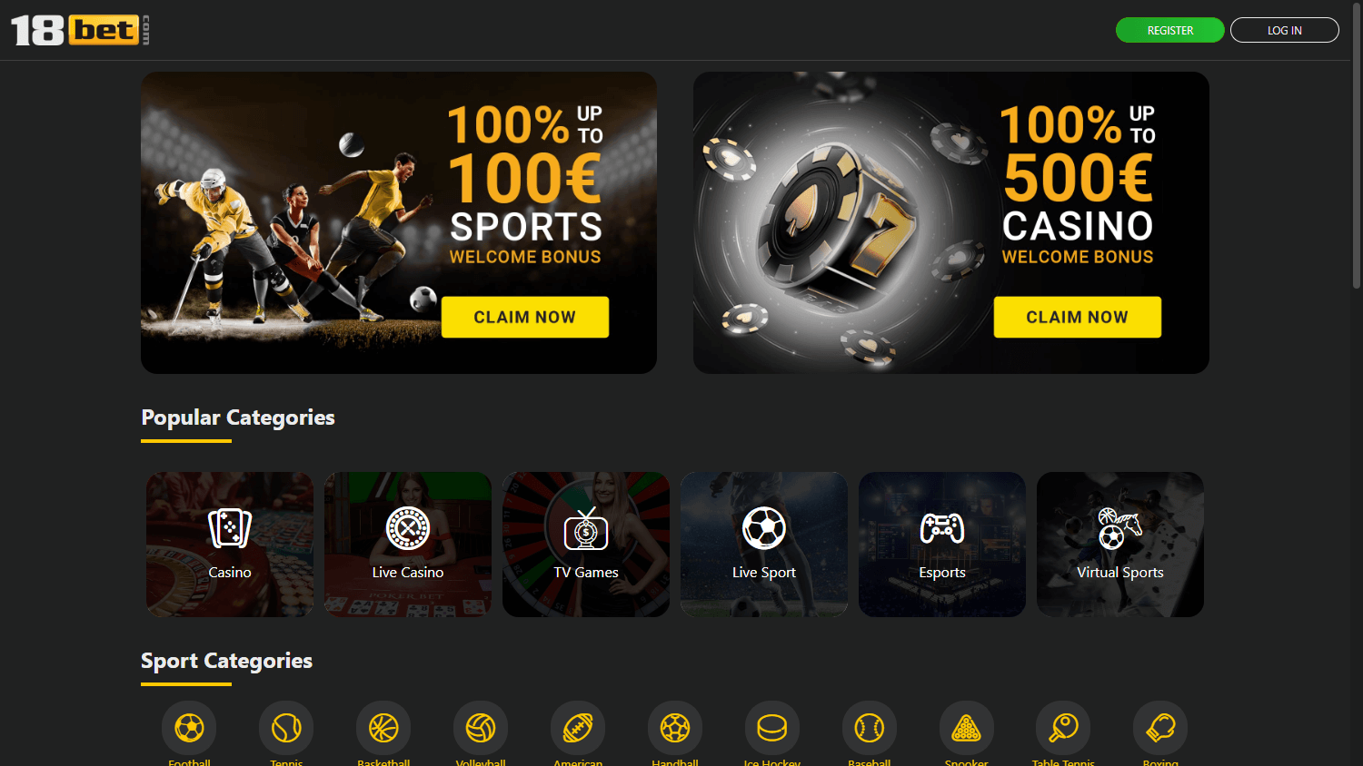 18bet_Casino_homepage_desktop