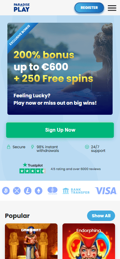 Schermafbeelding van de mobiele homepage van Paradiseplay Casino