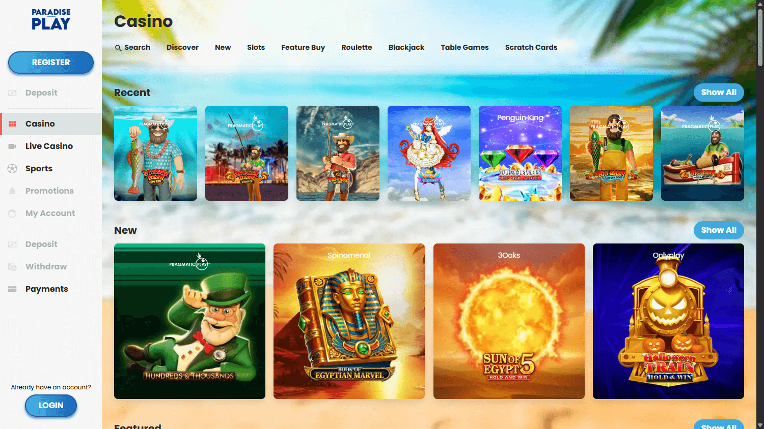 Screenshot van de game lobby van Paradiseplay Casino op desktop