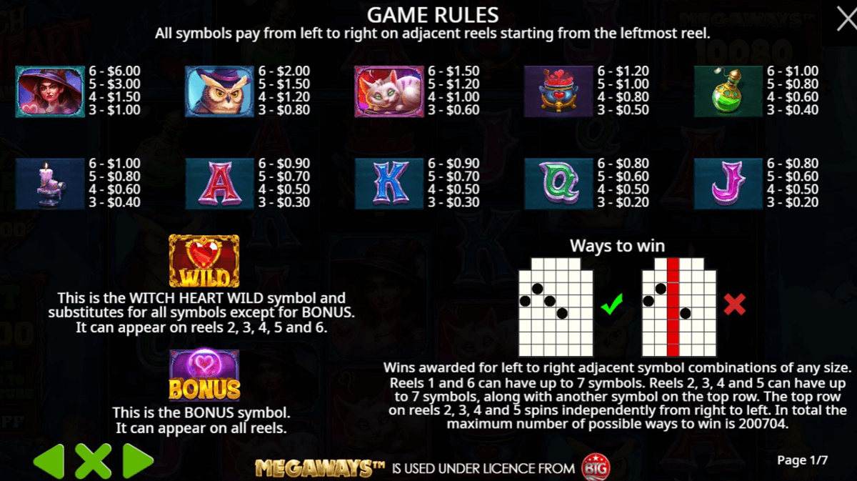 Witch Heart Megaways paytable