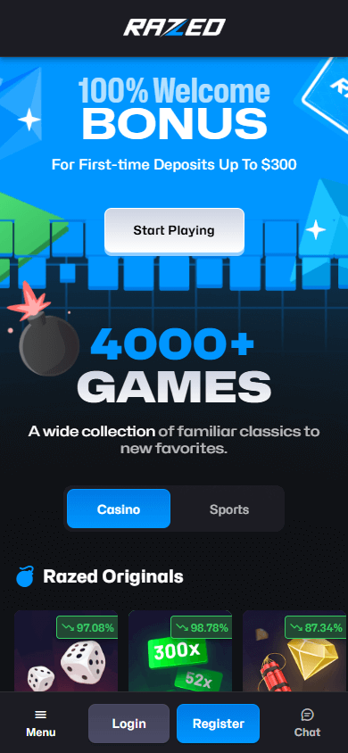 Razed Casino Mobile Homepage