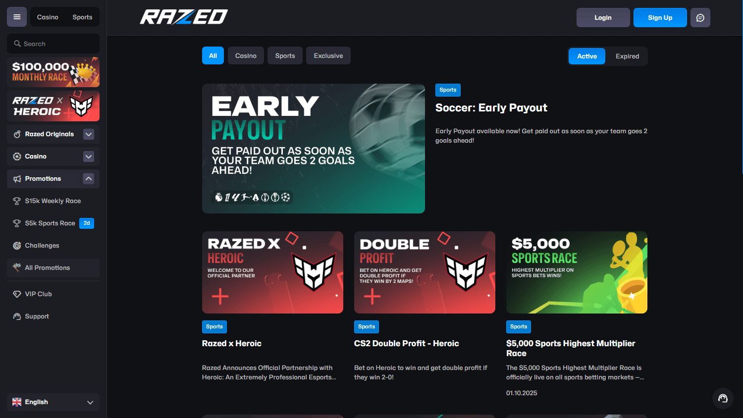 Razed Casino promotional interface showing bonus offers