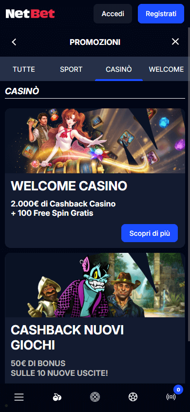 Interfaccia mobile NetBet Italia con promozioni e slot in evidenza