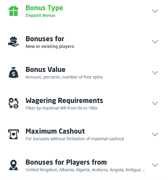 deposit bonuses filter