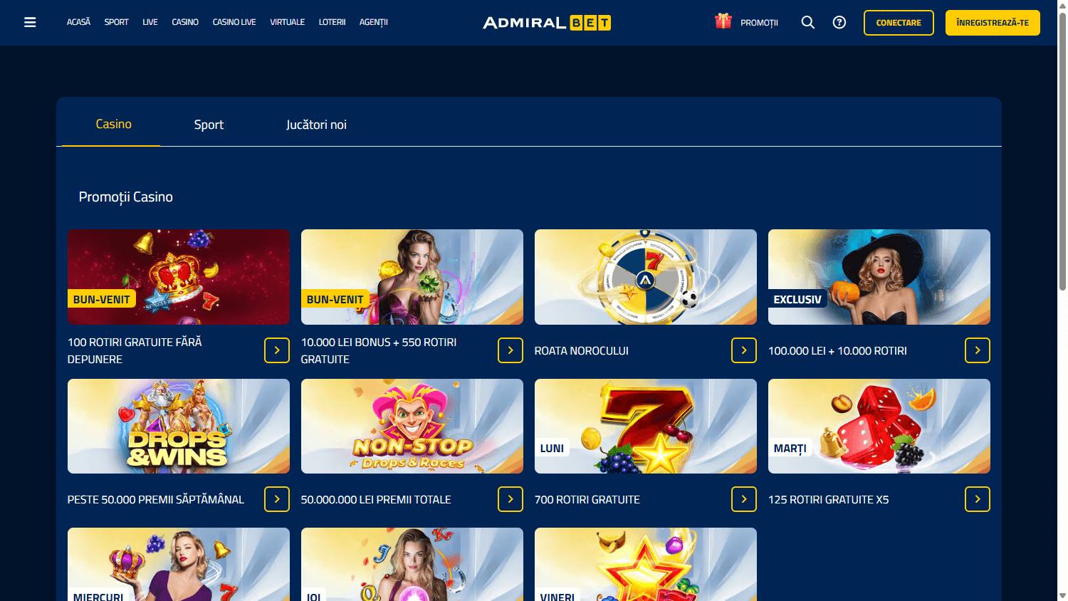 Interfața promoțiilor Admiral Casino pe desktop