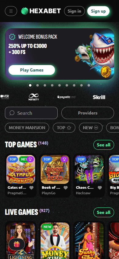 Hexabet_Casino_homepage_mobile