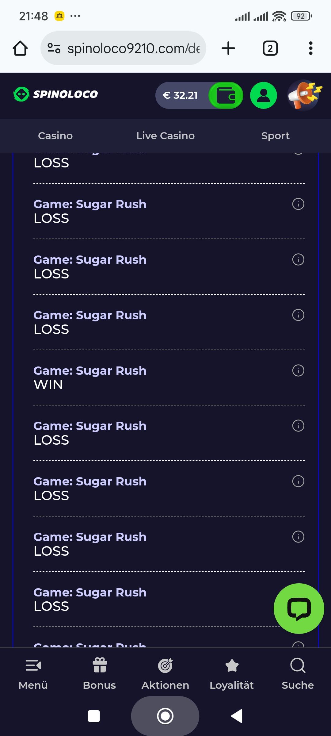 Spinoloco casino interface showcasing slots and live dealer games