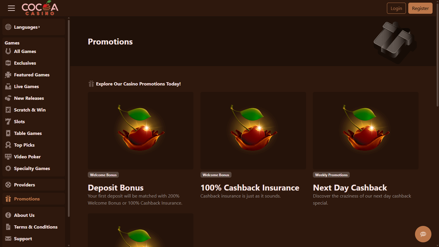 Cocoa Casino promotional banner showing bonus offers and game thumbnails on desktop interface.
