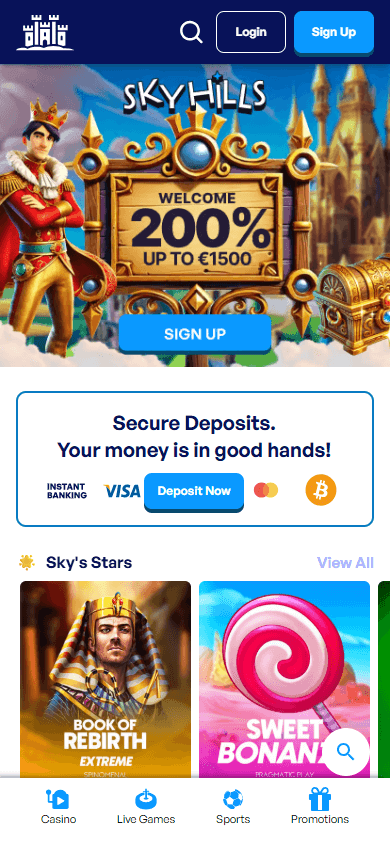 Skyhills Casino mobiele homepage