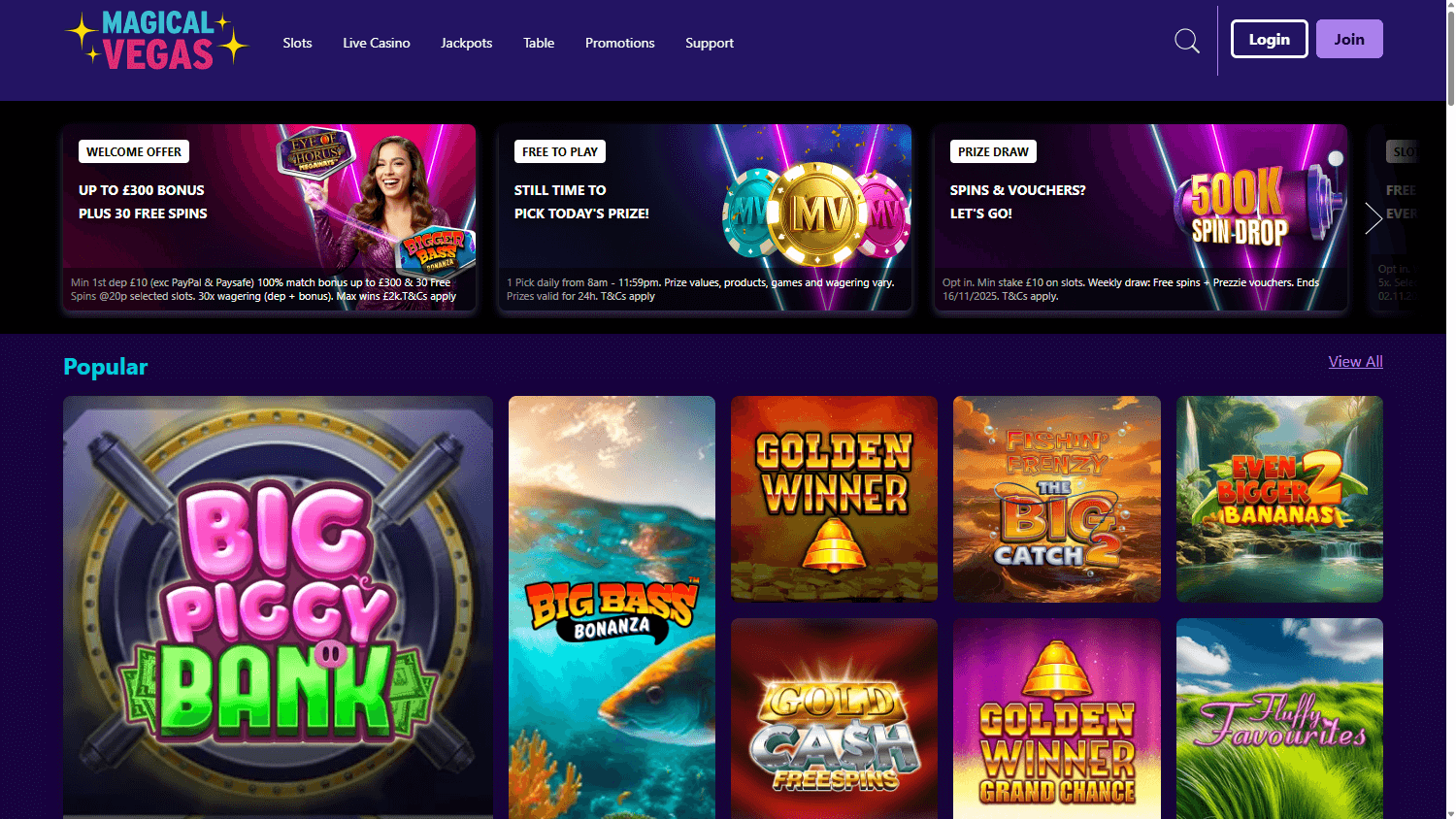 Magical Vegas homepage website screenshot