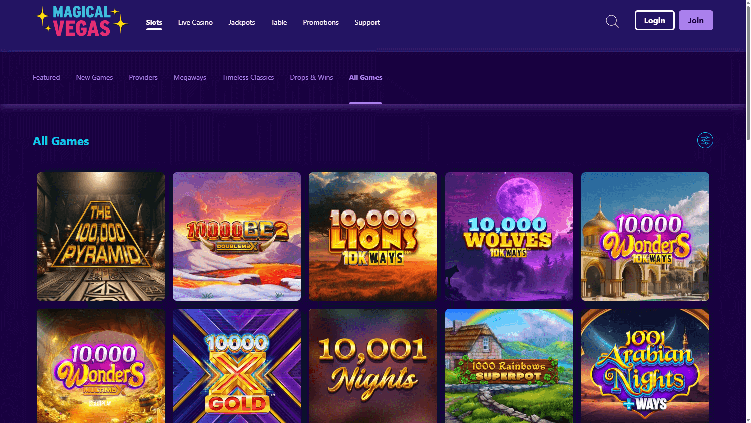 Magical Vegas casino lobby website screenshot