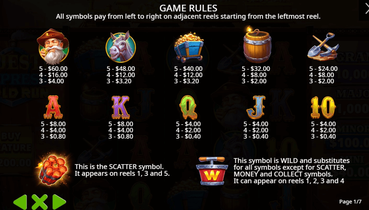 Paytable van Goldrun slot met symbolen en uitbetalingen