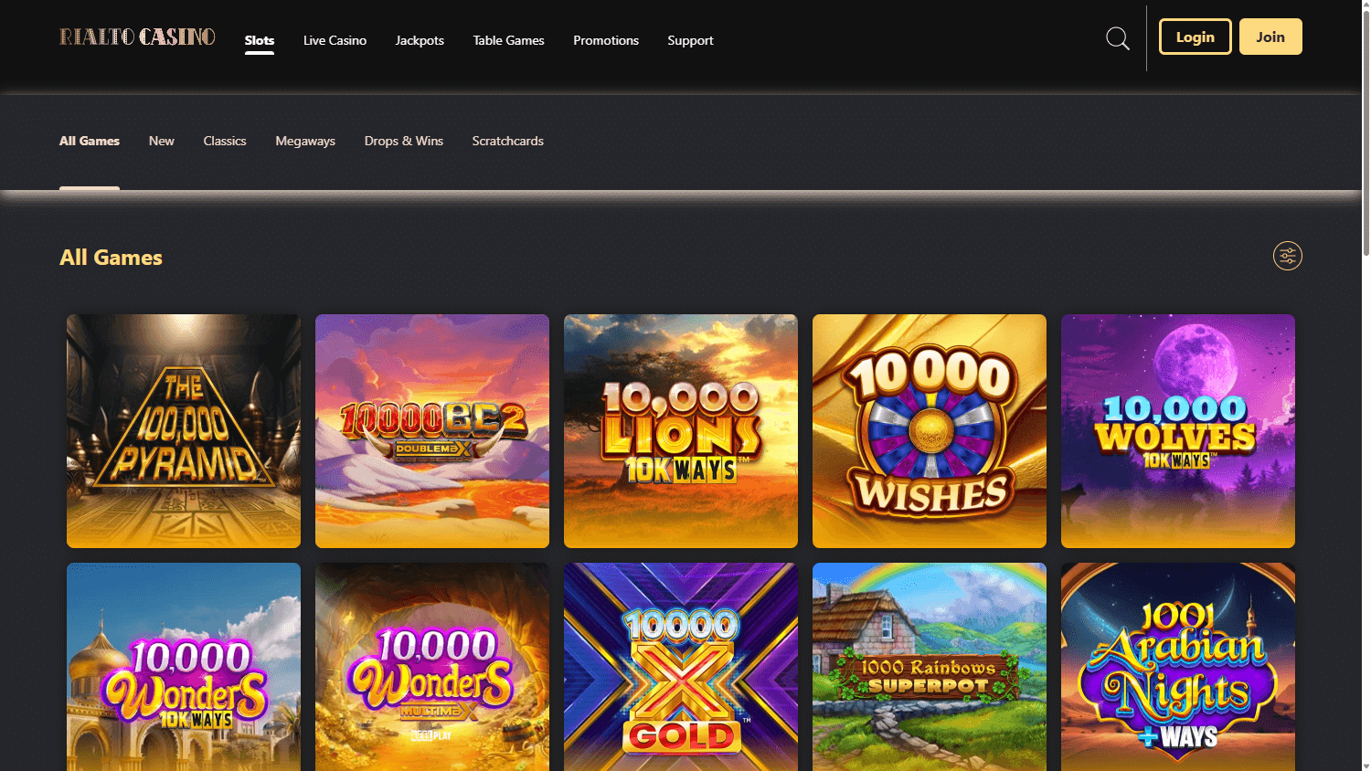 Rialto casino lobby website screenshot