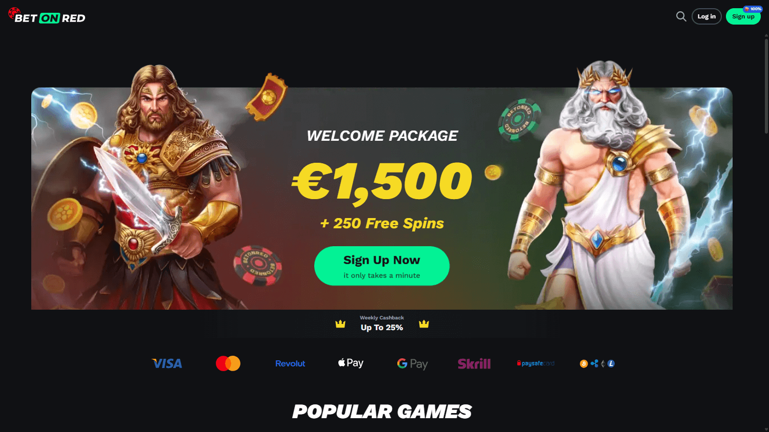 Screenshot hlavní stránky Betonred Casino zobrazující nabídku her a bonusů
