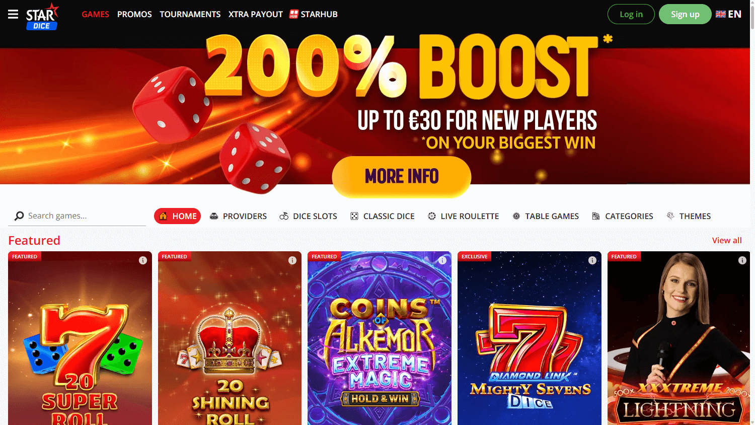 Stardice Casino homepage