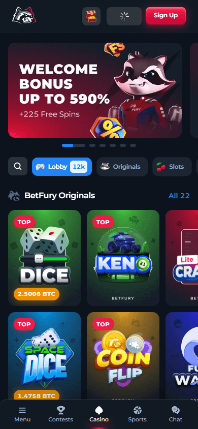 Interfejs mobilny Betfury casino