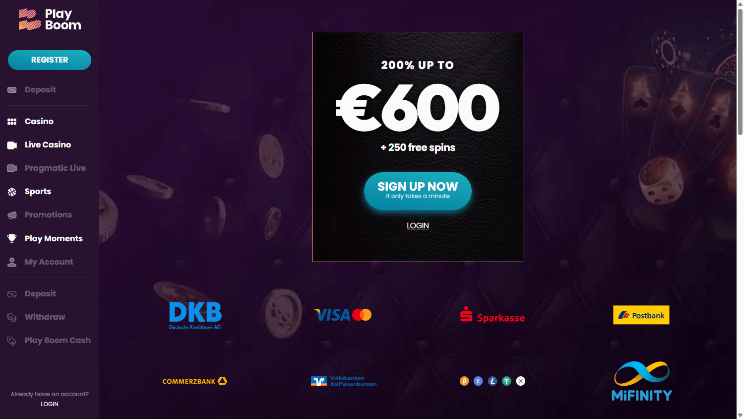 Screenshot der Boom Casino Desktop-Startseite mit Spielauswahl und Promotions