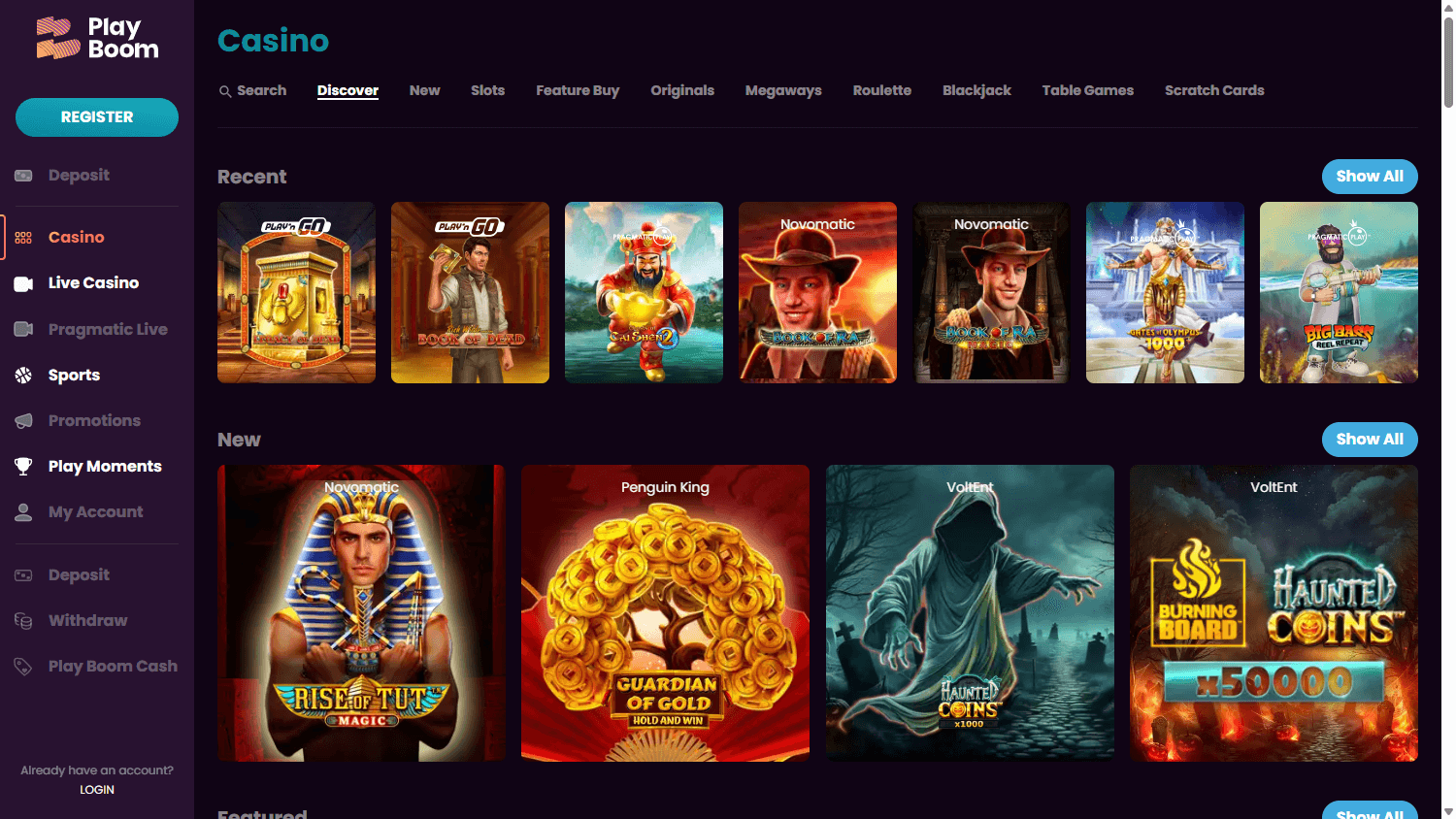 Spielgalerie von Play Boom Casino auf Desktop