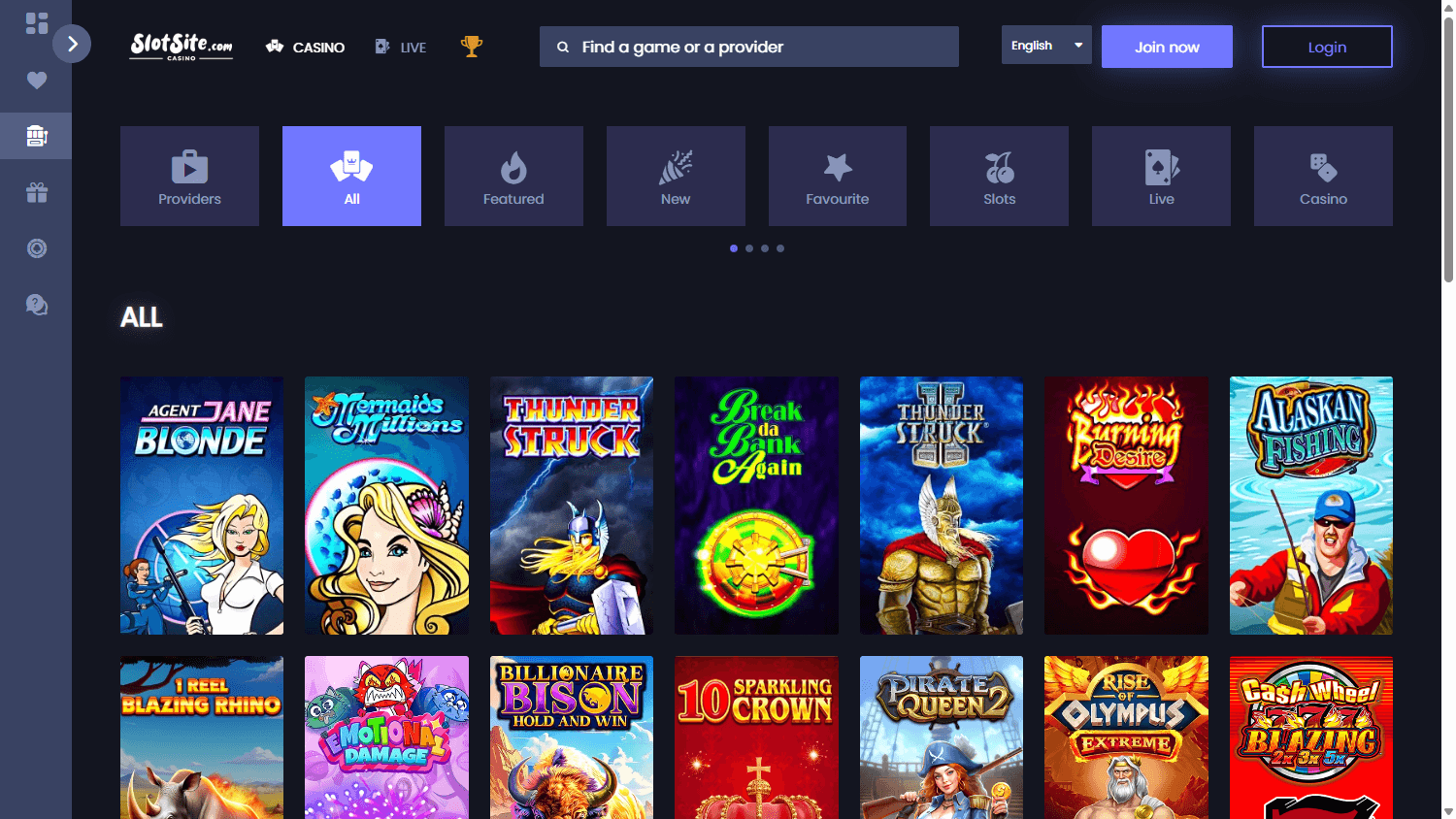 SlotSite casino lobby website screenshot
