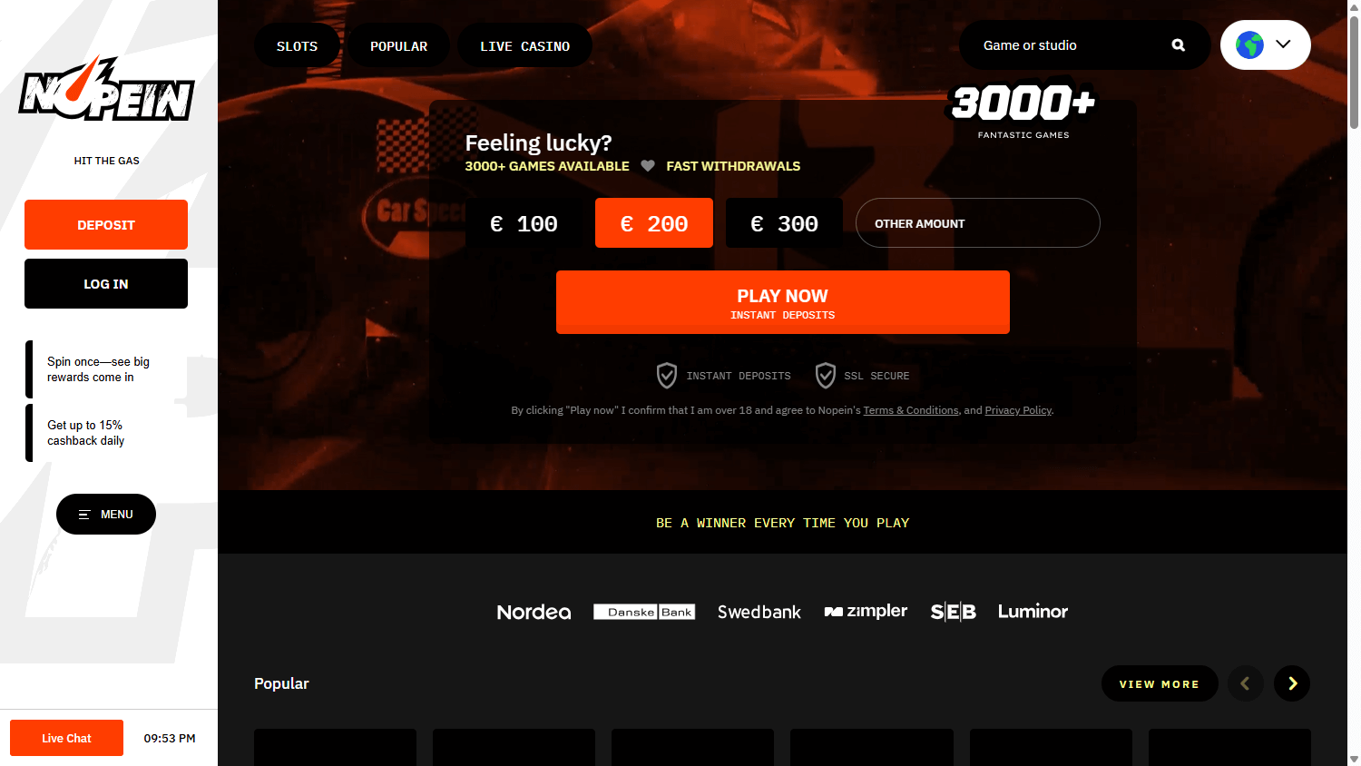 Nopein_Casino_homepage_desktop