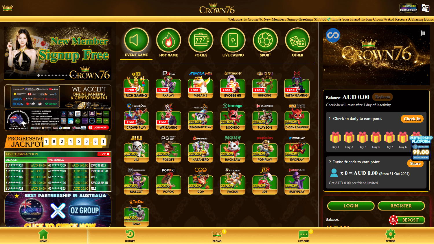 Crown76_Casino_homepage_desktop